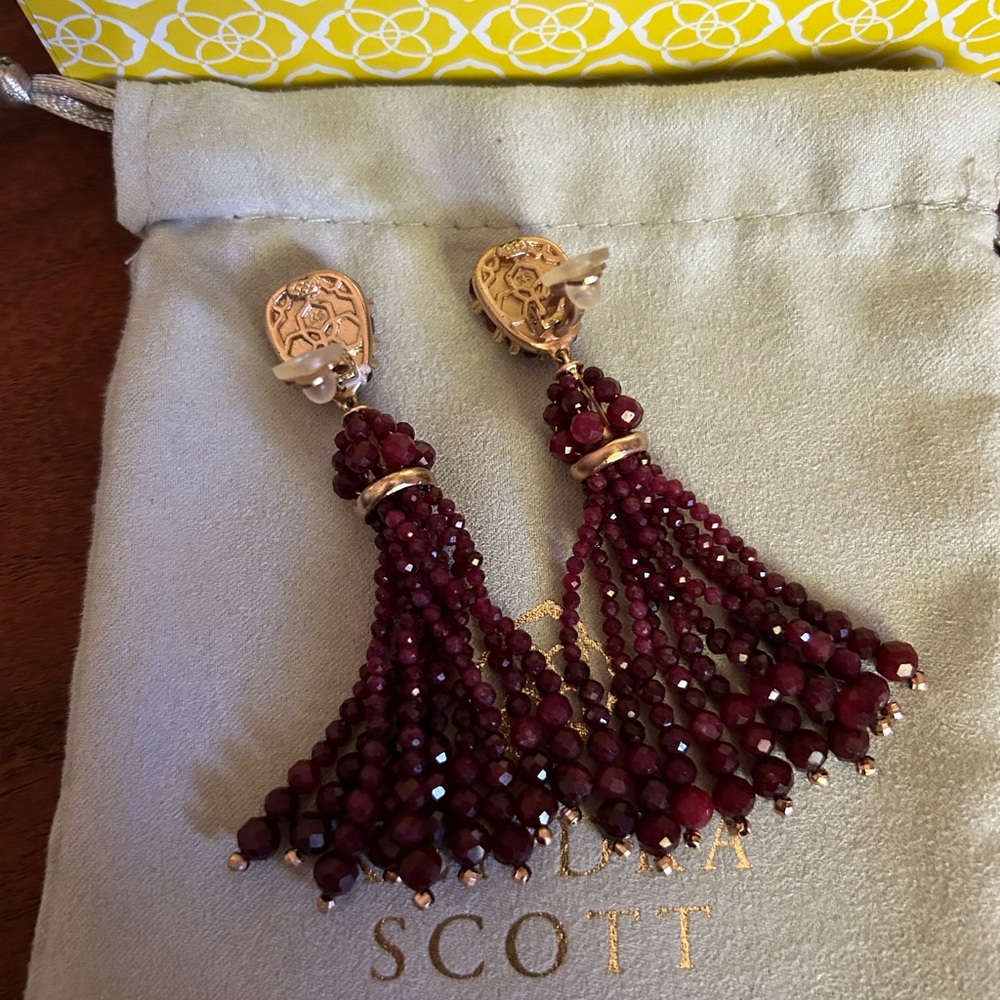 Kendra Scott Gold and Burgundy Red Beaded Clip on Tassel Earrings - Picture 4 of 5
